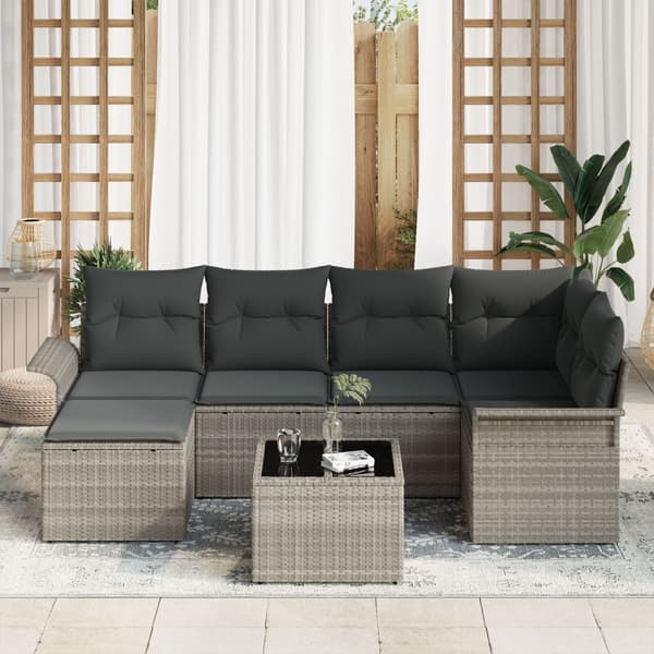 Trädgårdsoffset med kudde 7 pcs Ljusgrå Poly rattan