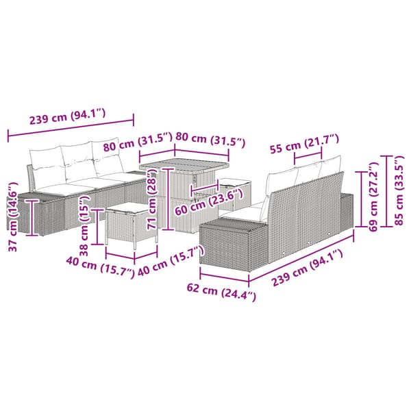 Trädgårdsoffset med kudde 9 pcs Svart konstrotting