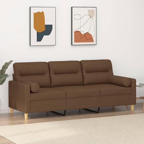 3-sitssoffa med prydnadskuddar brun 180 cm tyg