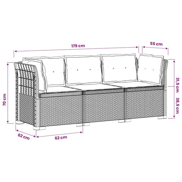3-sits trädgårdsoffa med kuddar Rattan-look PP Brun