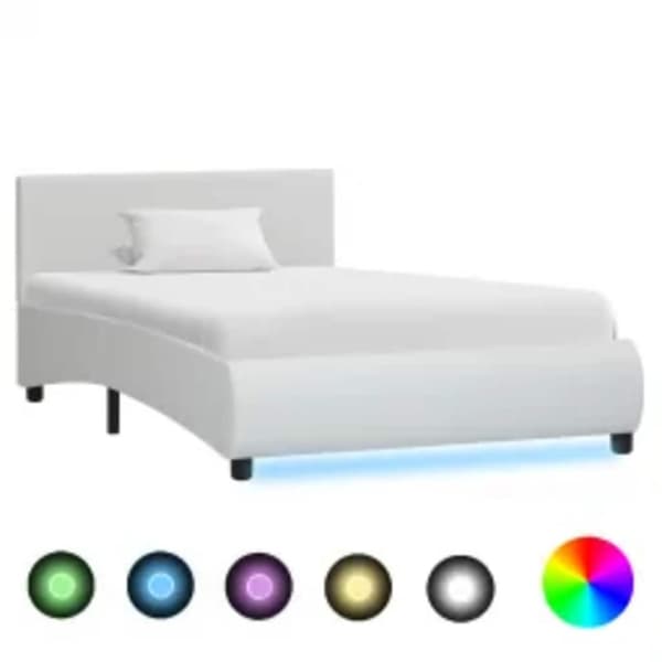 Sängram med LED vit konstläder 100x200 cm