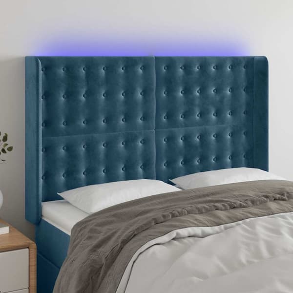 Sänggavel LED blå 147x16x118/128 cm sammet