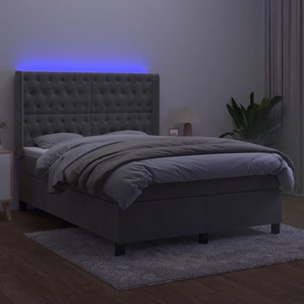 Ramsäng med madrass & LED ljusgrå 140x190 cm sammet