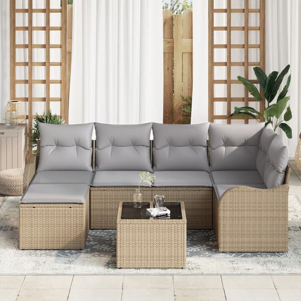 Trädgårdsoffset med kudde 7 pcs beige och ljusgrå Poly rattan