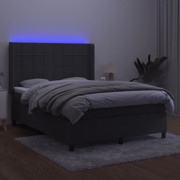Ramsäng med madrass & LED mörkgrå 140x190 cm sammet