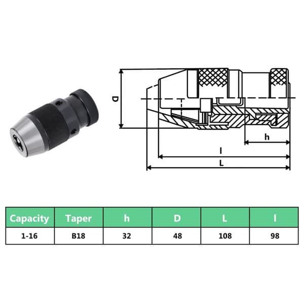 Snabbchuck MT3-B18 med 16 mm spännvidd