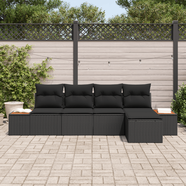 Trädgårdsoffset med kudde 5 pcs Svart Poly rattan