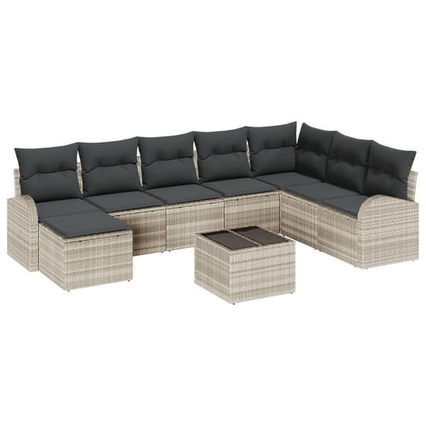 Trädgårdsoffset med kudde 9 pcs Ljusgrå Poly rattan