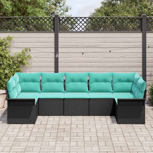 Trädgårdsoffset med kudde 7 pcs Svart Poly rattan