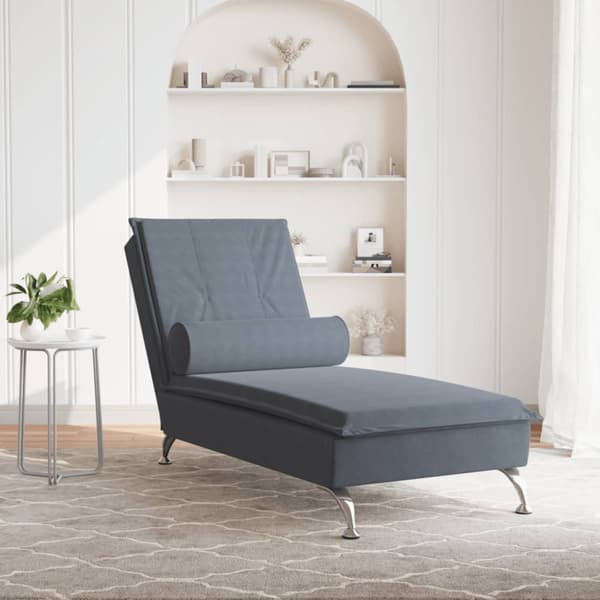 Massageschäslong med bolster mörkgrå sammet