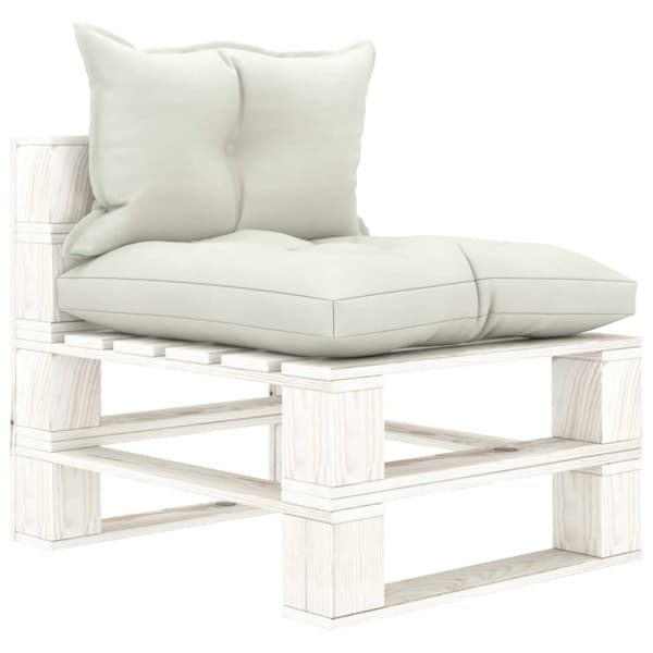 Pallsoffa mittensektion med beige dynor trä