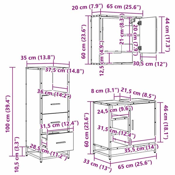 Badrumsmöbelset med låda 3 pcs Svart Ek Konstruerat trä