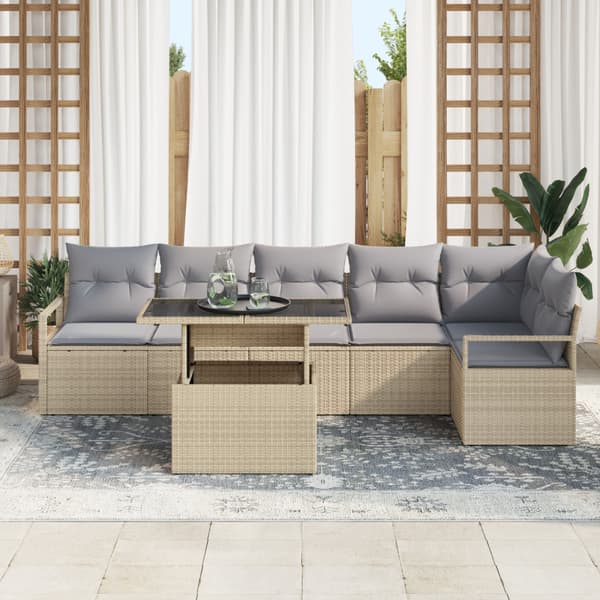 Trädgårdsoffset med kudde 7 pcs Beige Poly rattan
