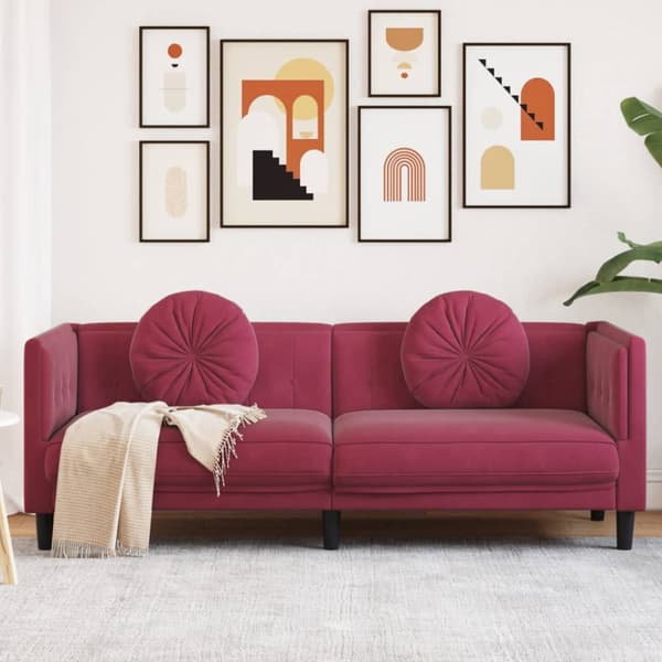 Soffa med kuddar 3-sits vinröd sammet