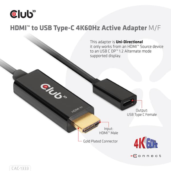 Club 3D adapterkabel - HDMI / USB - 22 cm