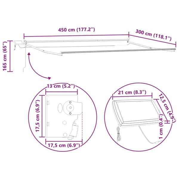 Manuell utdragbar markis med LED-lampor 4,5 × 3 m