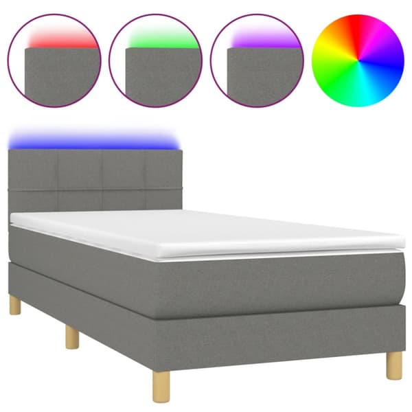 Ramsäng med madrass & LED mörkgrå 90x200 cm tyg