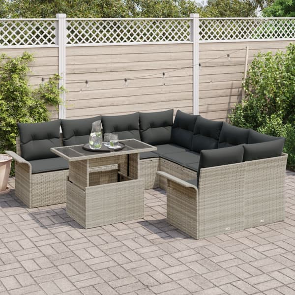Trädgårdsoffset med kudde 9 pcs Ljusgrå konstrotting