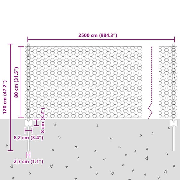 Stängsel med stolpe Silver 0,8 x 25 m Stål