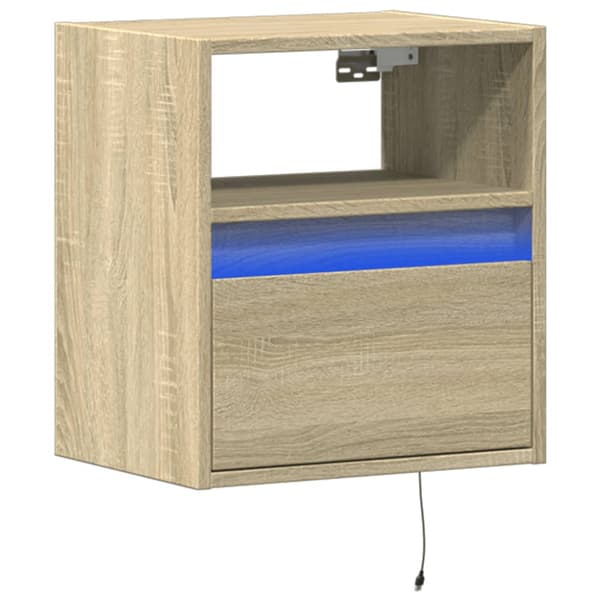 Väggmonterat sängbord med LED-lampor sonoma-ek