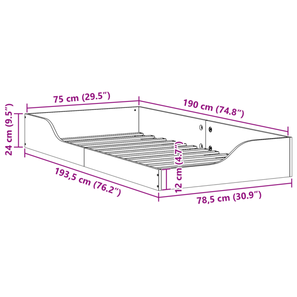 Sängram Vit 75 x 190 cm Massiv furu