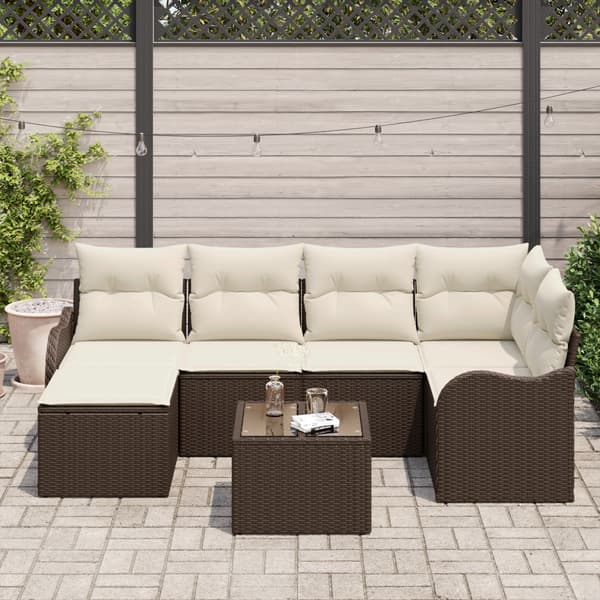 Trädgårdsoffset med kudde 7 pcs Brun och vit Poly rattan