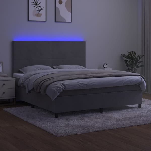 Ramsäng med madrass & LED ljusgrå 160x200 cm sammet