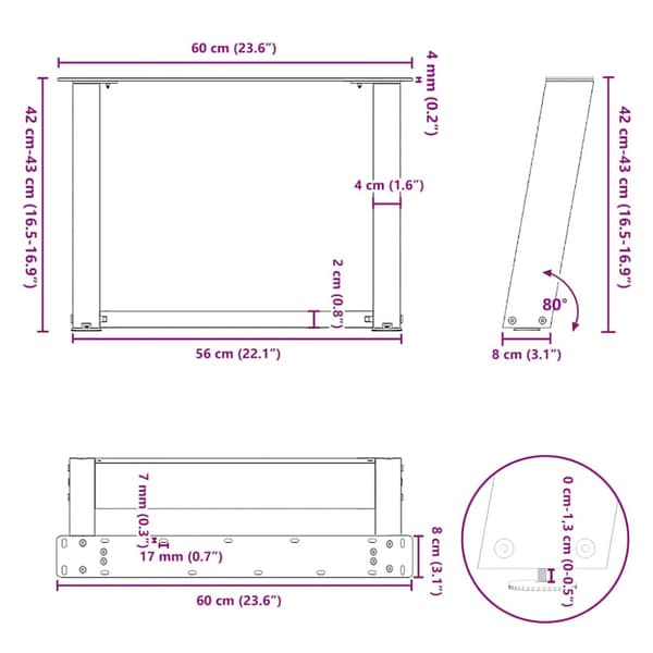 Soffbordsben U-formade 2 st svarta 60x(42-43) cm stål