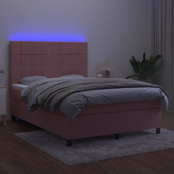 Ramsäng med madrass rosa & LED 140x190 cm sammet