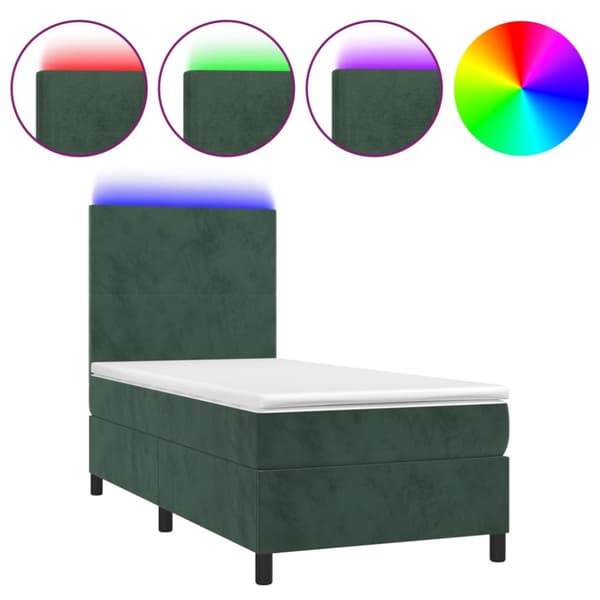 Ramsäng med madrass & LED mörkgrön 100x200 cm sammet