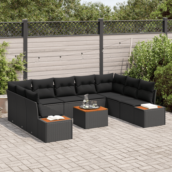 Trädgårdsoffset med kudde 10 pcs Svart Poly rattan