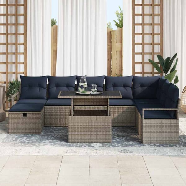 Trädgårdsoffset med kudde med lagring 9 pcs Grå Poly rattan