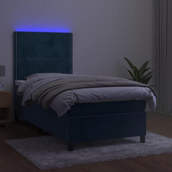 Ramsäng med madrass & LED mörkblå 100x200 cm sammet