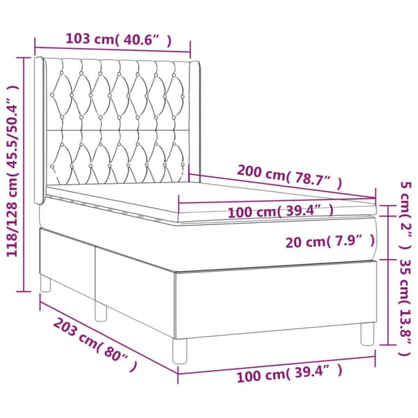 Ramsäng med madrass & LED mörkgrå 100x200 cm tyg