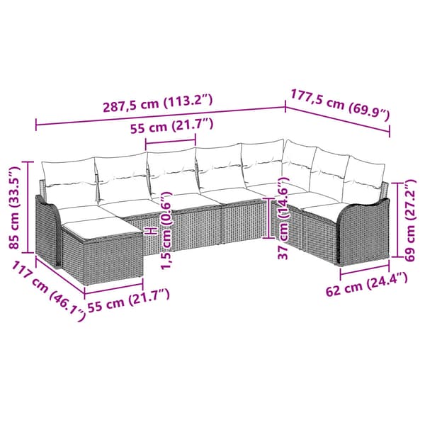 Trädgårdsoffset med kudde 9 pcs Ljusgrå Poly rattan