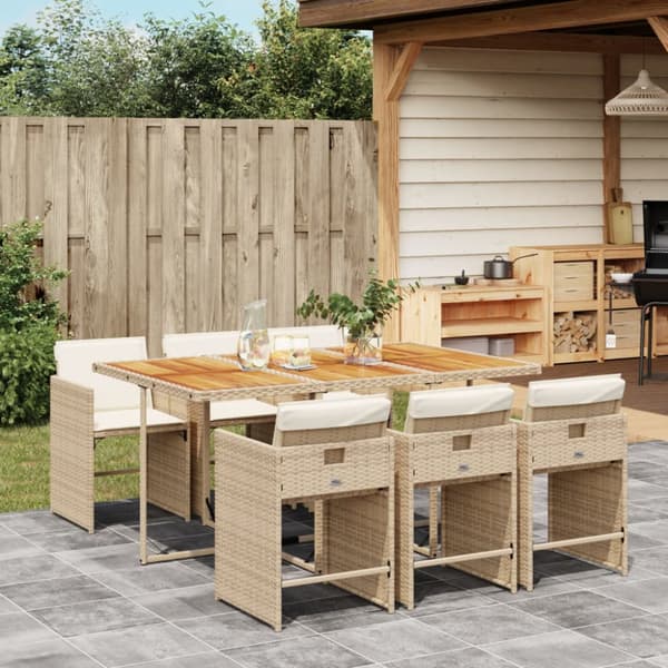 Matgrupp för trädgården med dynor 7 delar beige konstrotting