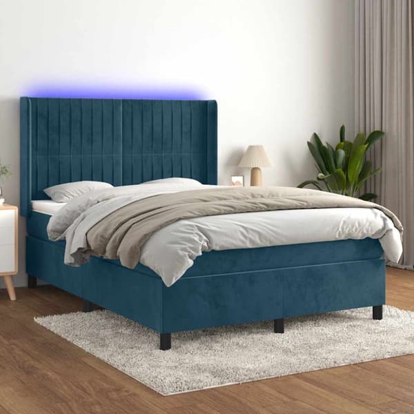Ramsäng med madrass & LED mörkblå 140x190 cm sammet