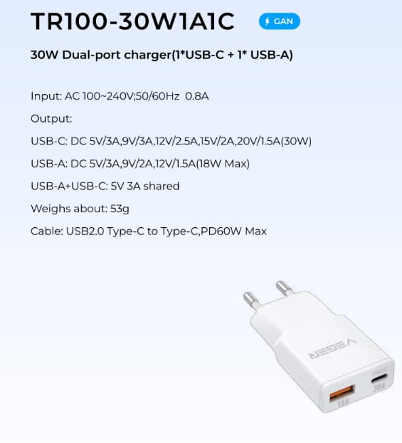 PD30W A+C Ultratunn snabbladdande väggadapter