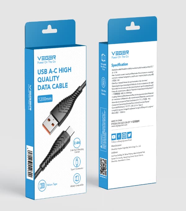 1,2 meter højhastighedsopladerkabel, USB-C til C, 3A