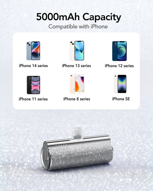 Plug on 5000mAh Mini bærbar oplader med indbygget kabel til iPhone og Android
