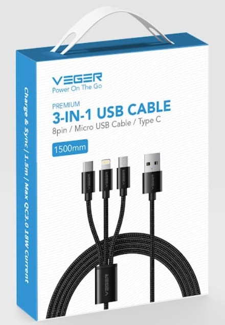 1,5 meter, USB-A till USB-A till Lightning+C+mini USB datakabel, 12W