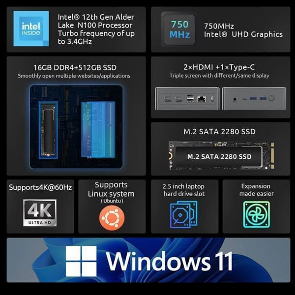 Mini PC - BMAX - B4 Plus - Intel N100 - 16 GB RAM - 512 GB SSD