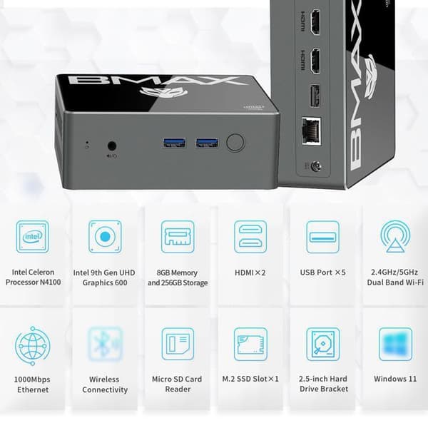 BMAX B2 Pro Mini-PC Intel N4000 8GB RAM 256GB SSD Dual HDMI