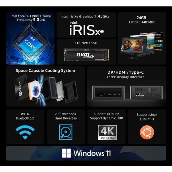 BMAX B9 Power Mini-PC Intel Core i9-12900HK 24GB RAM 1TB SSD