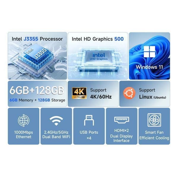 Mini PC - BMAX - B1 Plus - Intel Celeron J3355 - 6 Go RAM - 128 Go SSD