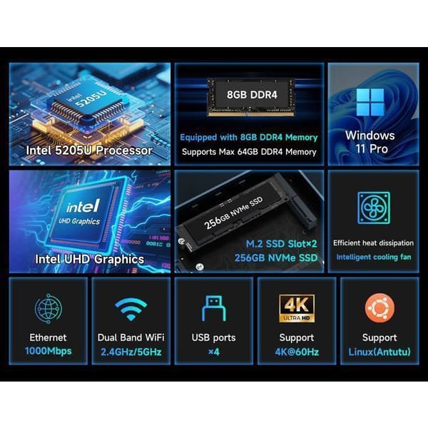 BMAX B2 Power Mini-PC 8GB RAM 256GB SSD Intel 5205U
