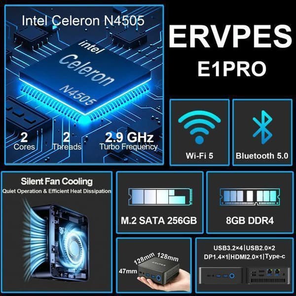 ERVPES E1pro Mini-PC Intel Celeron N4505 8GB LPDDR4 256GB SSD