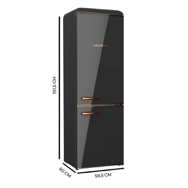 Cecotec Origin Black Retro Combi refrigerator, class E, with 300L capacity, LED inside and glass trays.