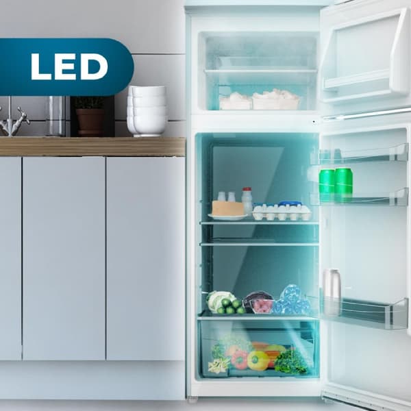 Cecotec 2D Origin Blue mini retro refrigerator, class E, with 85L capacity, ICEBOX and LED inside.