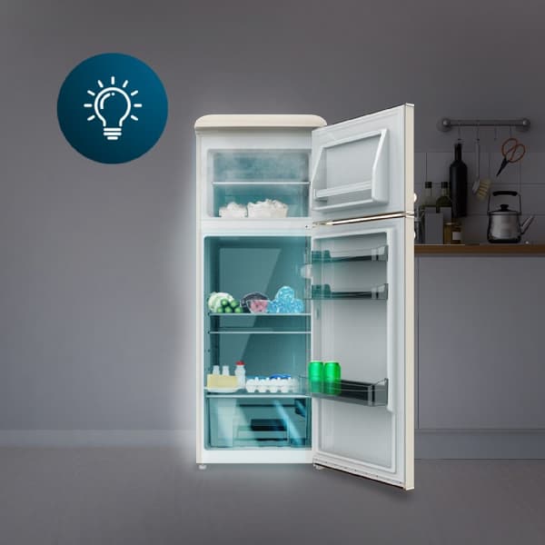 Cecotec 2D Origin Beige mini retro refrigerator, class E, with 85L capacity, ICEBOX and LED inside.